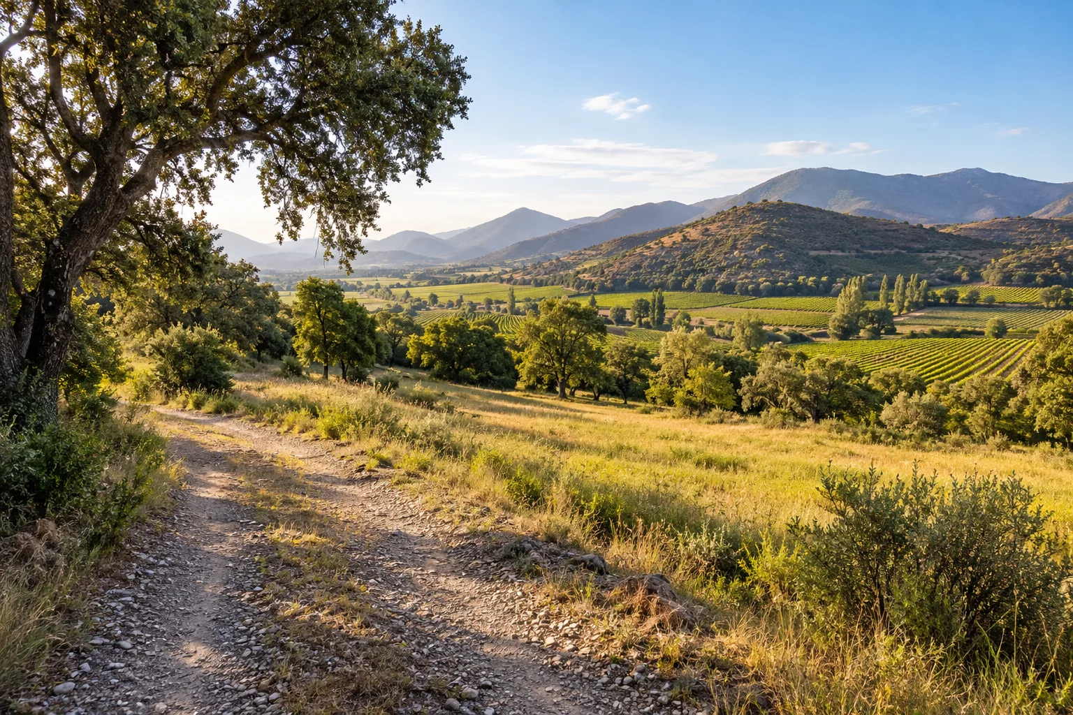 Camino rural entre pradera y árboles nativos